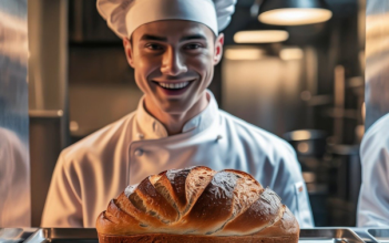 Perspektive aus dem Backofen. Ein junger Bäcker in weißer Kleidung steht vor einem Backofen. Im Ofen ist ein fast fertiger Laib Brot.